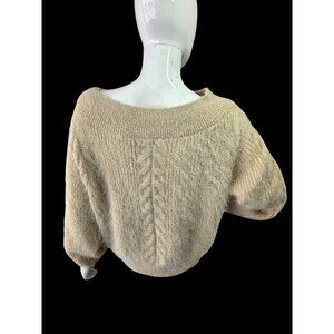 Amuse Society Beige Cable Knit Fuzzy Sweater Women Sz L Long Sleeve Boat Neck